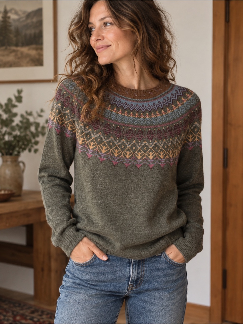 Gorgeous Roll Neck Merino Wool Fair Isle Sweater - Olive Multicolor NWOT size L